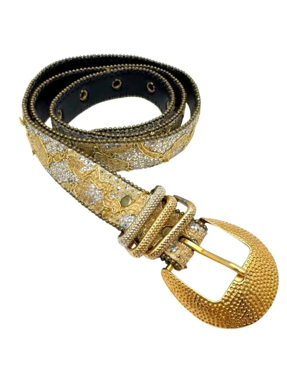 Gold & Silver Vtg Y2k Rhinestone Belt Glitter Detailing & Textured Buckle Size M